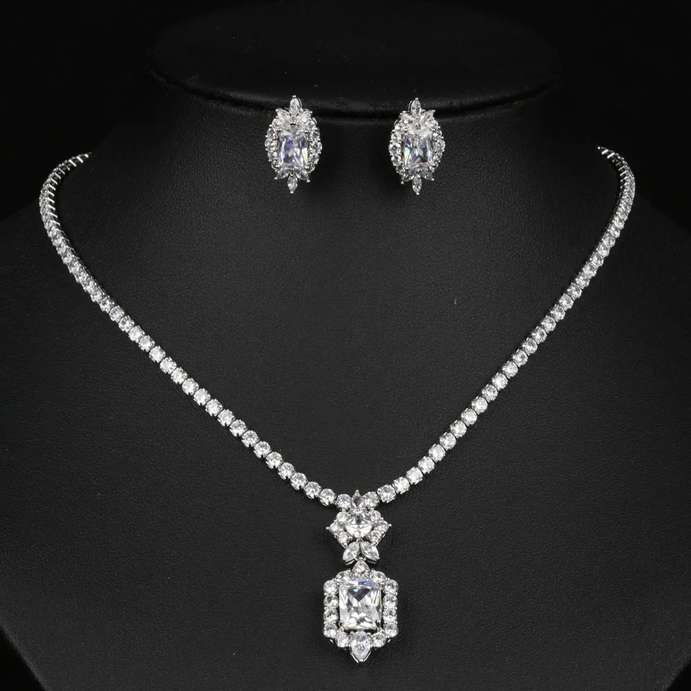 XOTICA High Quality Luxury CZ Pendant Necklace Earring Set Ladies Sparkling Zircon Tennis Chain Stud Earring Wedding Engagement Jewelry