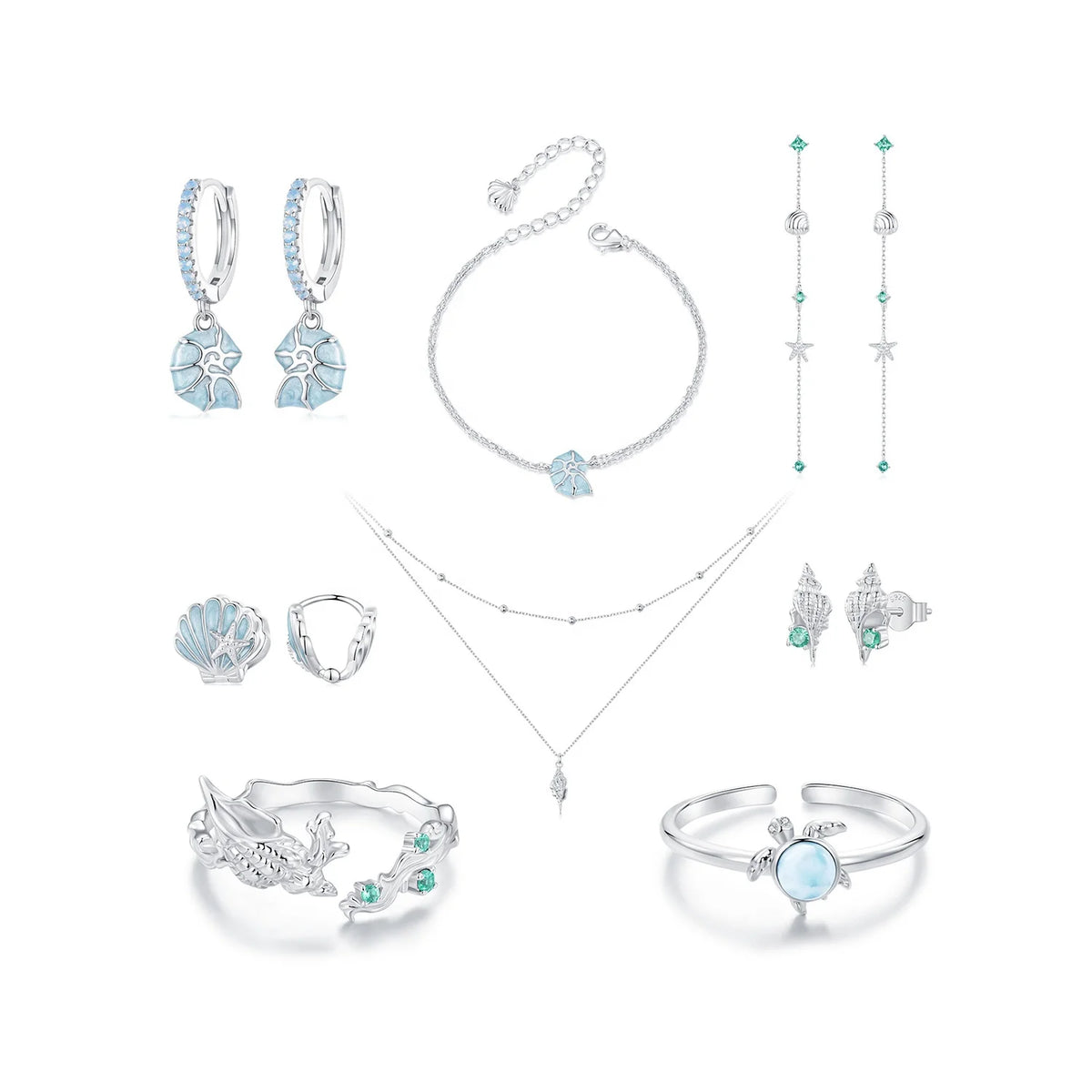 Qings Fashion Sterling Silver Jewelry Sets Fine Jewelry Marine Blue Ocean Conch Shell Turtle Bracelet Necklace Ring Earrings Set