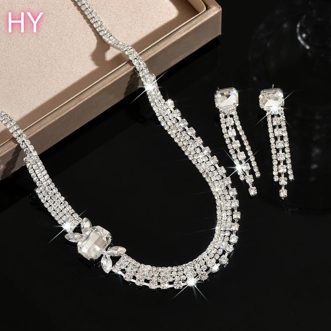 HY  Crystal Bridal Wedding Jewelry Gold Pleated Rhinestone Necklace Earrings Bracelet Ring Sets Formal Costume
