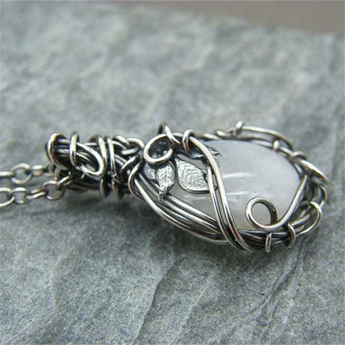 REBEL Unique Vintage Women Silver Moonstone Gemstone Leaf Necklace Pendant Chain Charm Jewelry Gift