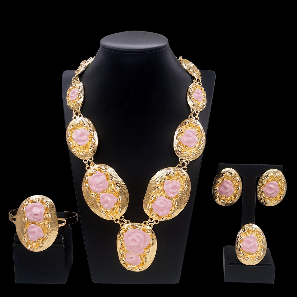 Zhuerrui Two Tone Italian Gold Jewelry Sets Necklace Bracelet Earrings Ring Bridal Western Heavy Wedding Fine Jewelry Set H00615