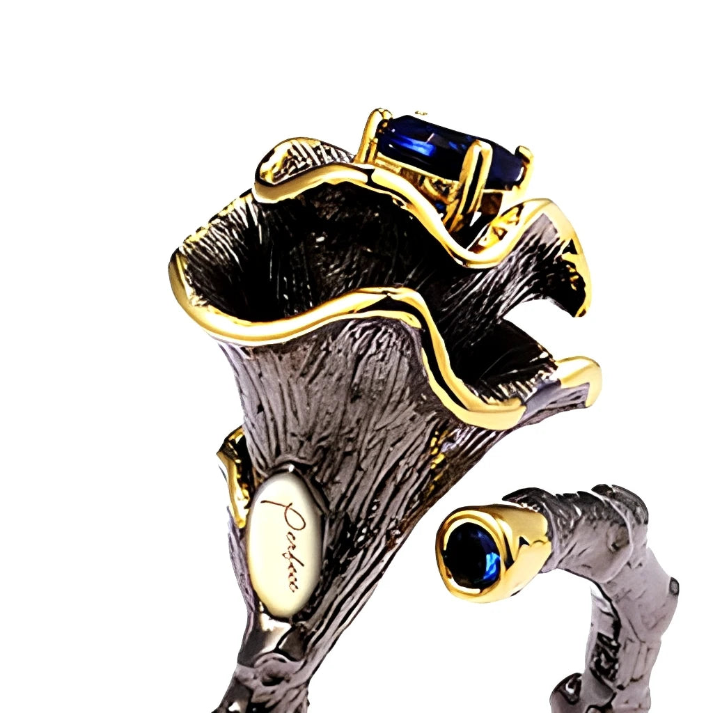 Pharbitis Nil Flower Design Blue Glass 925 Sterling Silver Ring with Black Plated