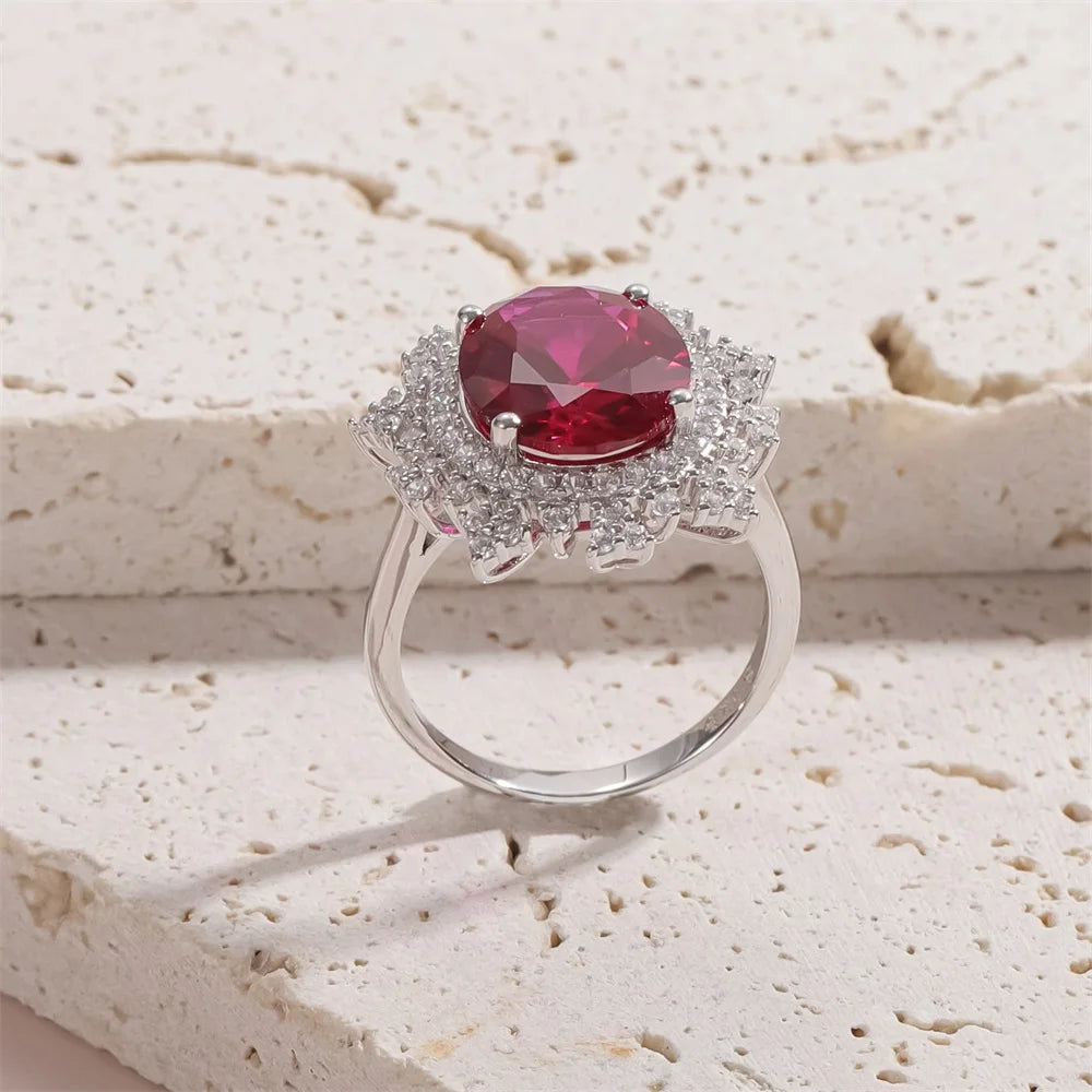 ArtistA Luxury 925 Silver Big Main Stone Fancy Oval Cut 10x12mm Pinkish Red Lab Grown Ruby Women Ring for Dinner Party Cocktail Ring