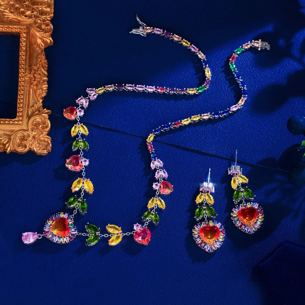 Luxury Multicolor Cubic Zirconia Big Heart Drop Earrings and Necklace Women Bridal Wedding Party Jewelry Set