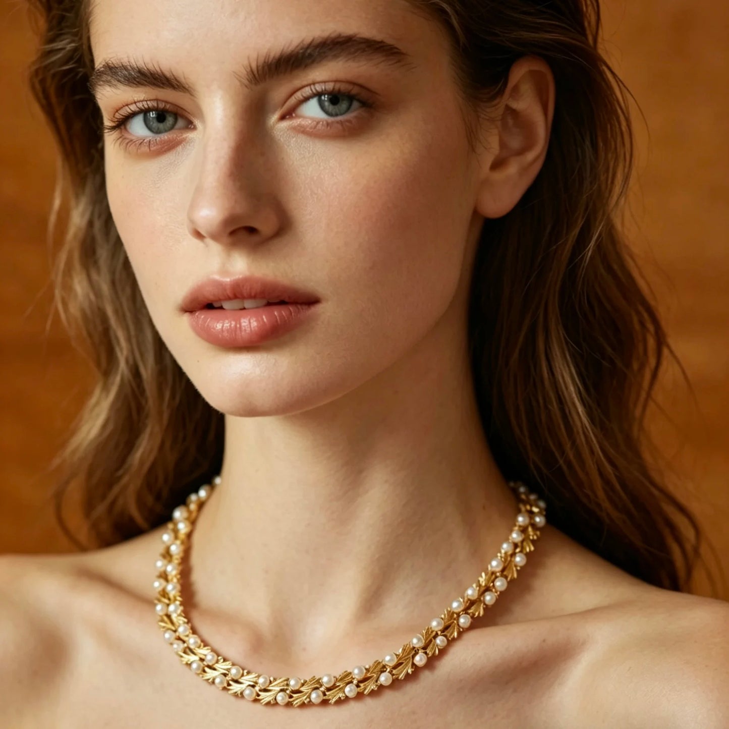 Bella Viva Leaf Necklace & Stud Earrings Jewelry Set, 18K Gold Plated Brass & Imitation Pearl,  for Women Party, Banquet & Daily