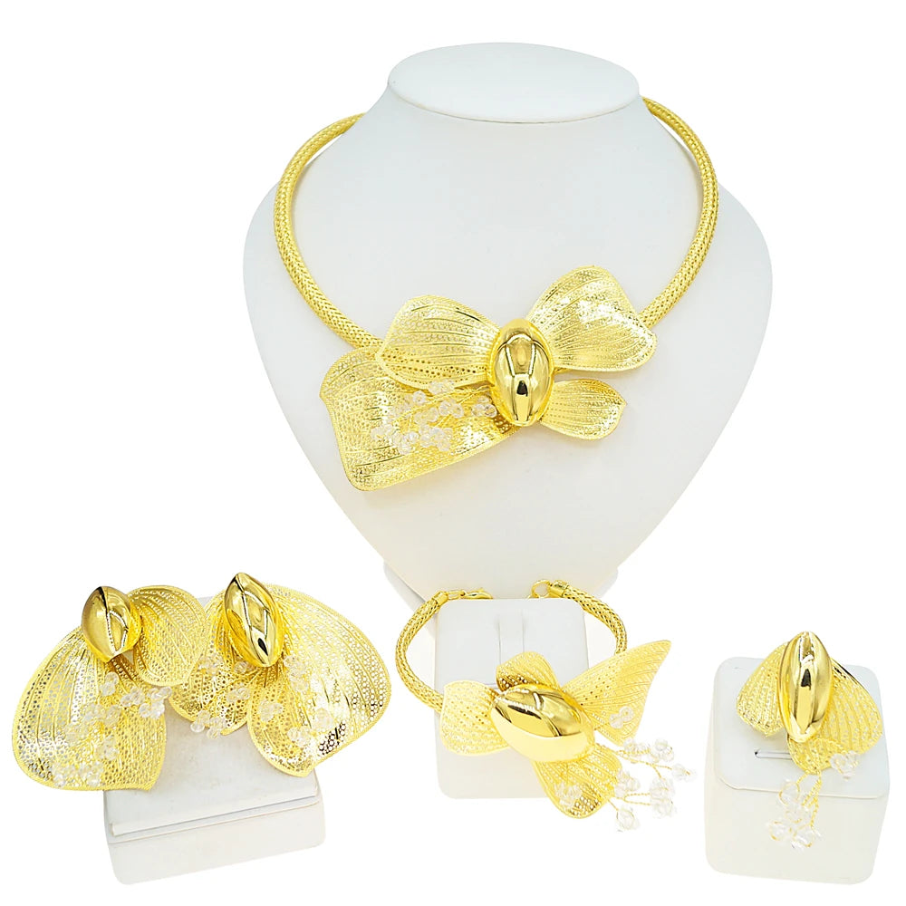 Zhuerrui Luxury Gold Plated Bow Knot Jewelry Set Rhinestones for Women Necklace Earrings Bracelet Ring Party Accessories MY20935