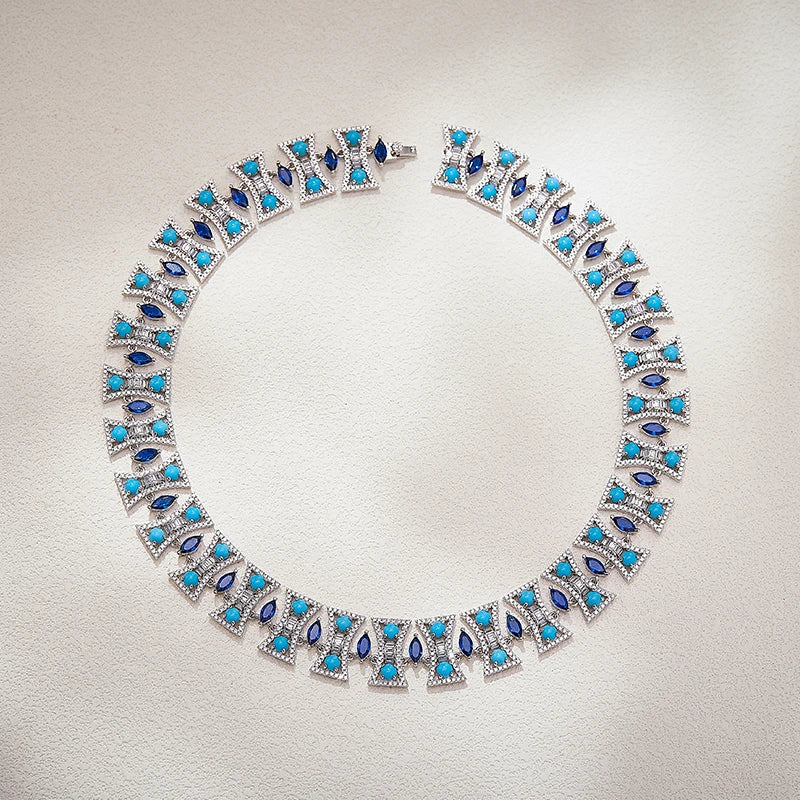 Women Boutique Jeweler Purchases Turquoise Blue Necklace Earrings Anti-oxidation Ring Bracelet Suitable for Banquet 4-piece Set