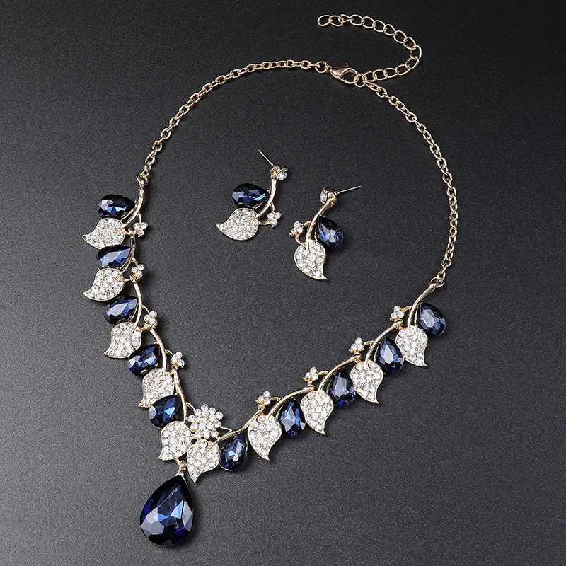 Leaf & Crystal Geometric Necklace & Earrings Jewellery Set | Retro Vintage Fashion Set