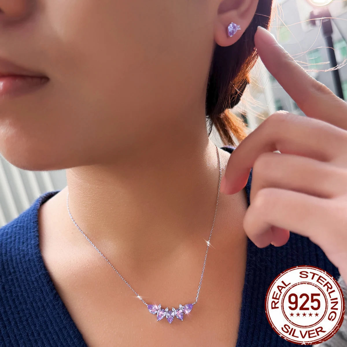 Purple Drop CZ Jewelry Set Zircon Pendant Necklace Jewelry Set for Lady Daily Wear Birthday Gift 925 Sterling Silver Jewelry