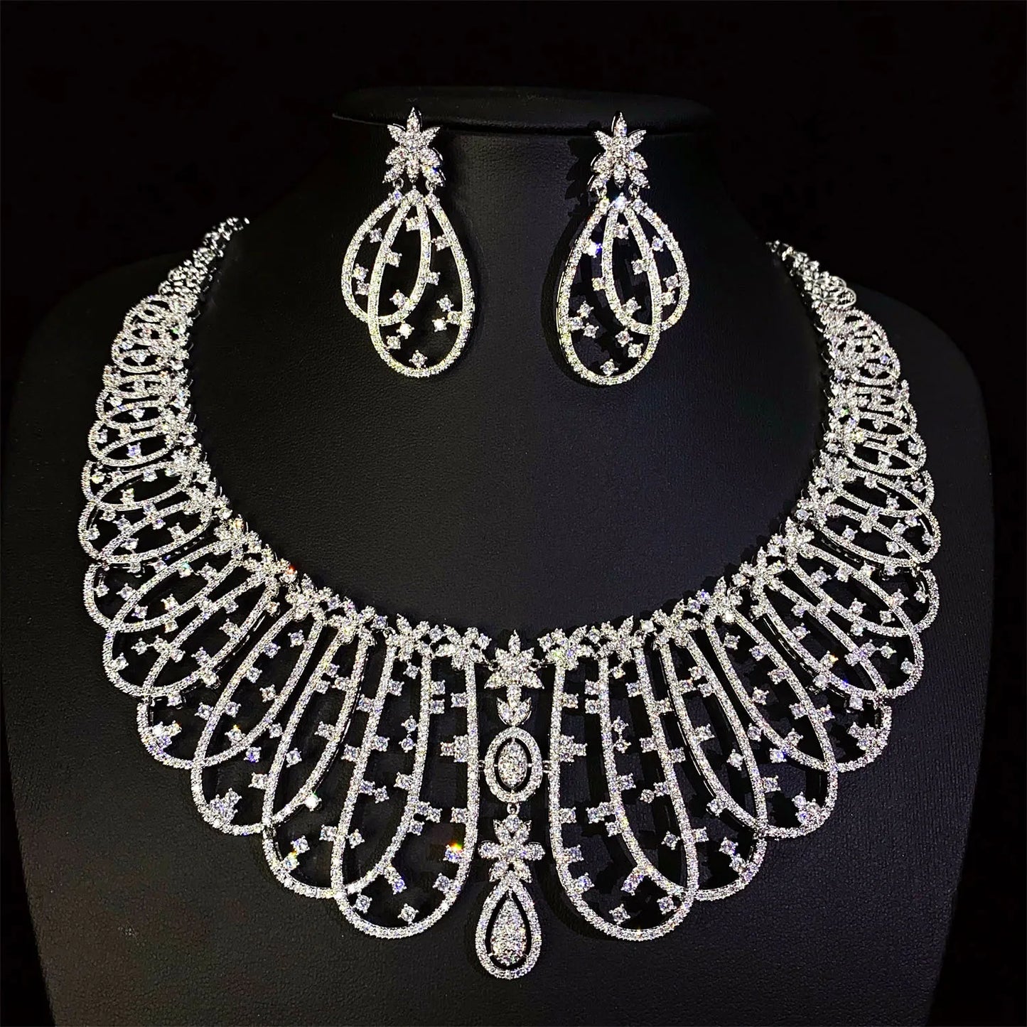 XM S32 Luxury Full Zircon Collar Necklace Earrings Set Silver Plated Women Bridal Wedding Gift Party Prom Statement Jewelry
