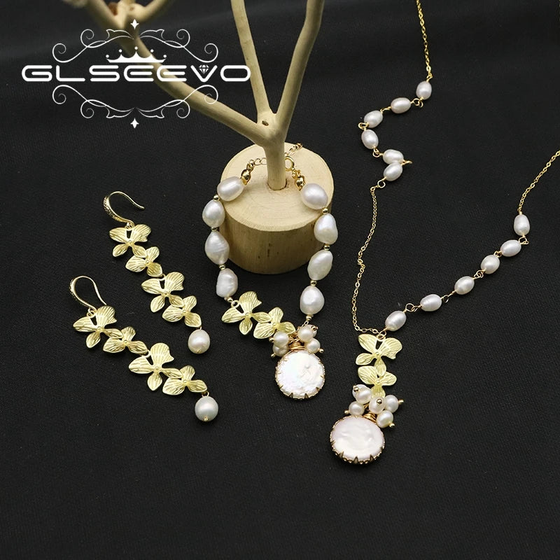 GLSEEVO Natural Freshwater Baroque Pearl & Gold Flower Leaves Jewellery Set — Necklace, Earrings & Bracelet