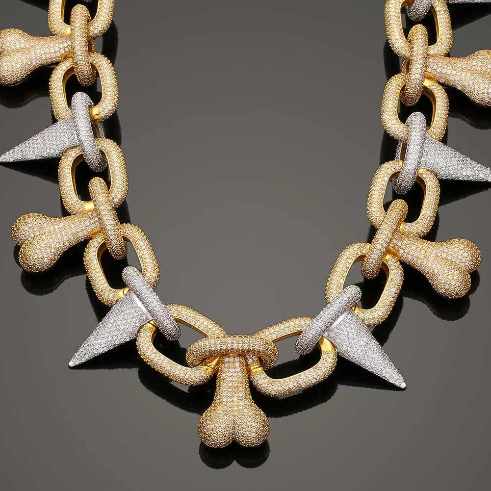 Xs Special Design Rapper's Jewelry 40mm Gold Plated Brass Full 5a Cz Iced Out Rivet Bone Cuban Link Chain for Men