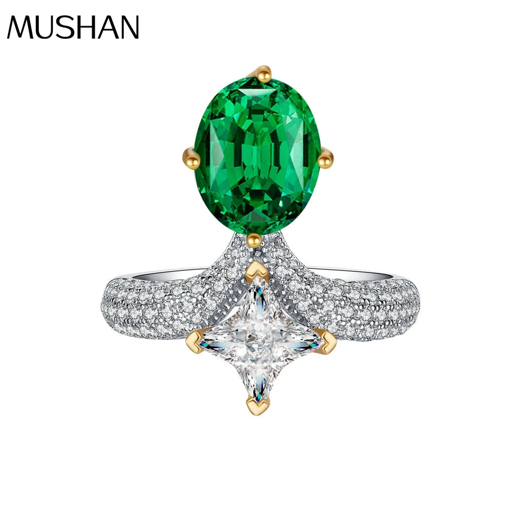 MuShan Jewelry Factory Original New Oval 8 * 10 Ice Flower Cut Simulation Grandmother Emerald Ring Pure Silver Elegant