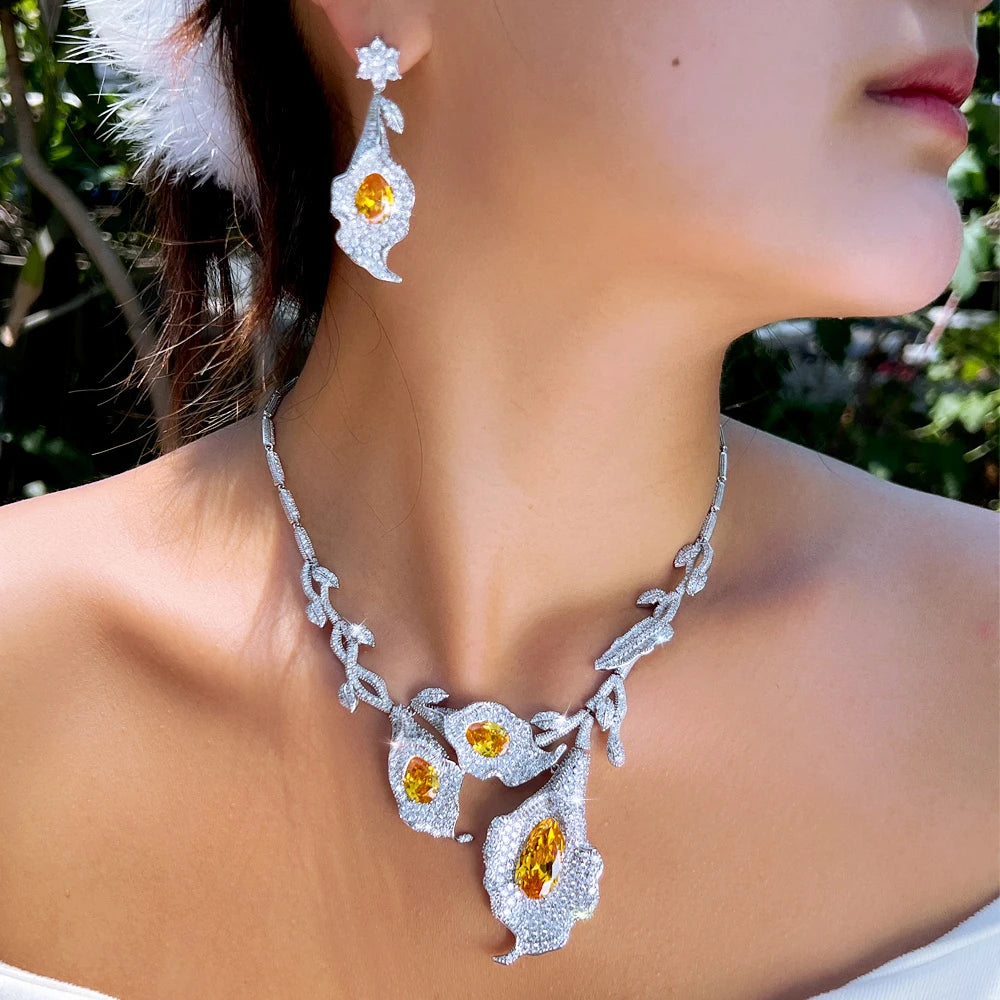 Wholesale 2pcs Necklace and Earrings Set Irregular Shape Big Yellow Leaf Jewelry Set for Women Wedding Party