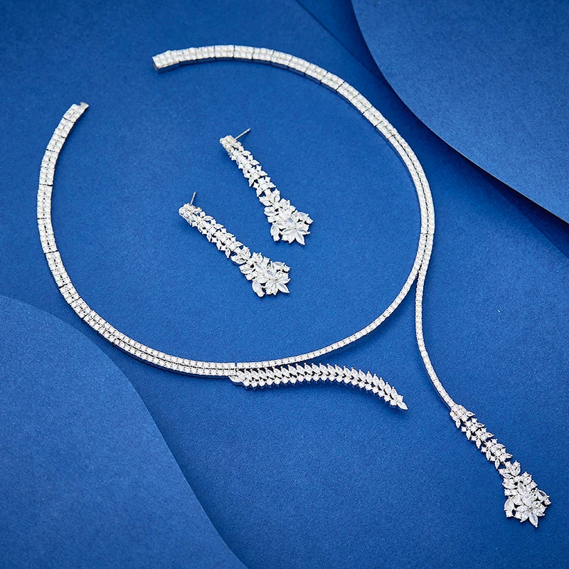 Minimalist Style Wheat Shaped Necklace Earring Two-piece Set Purchase Brass Zirconia Jewelry Accessories Online
