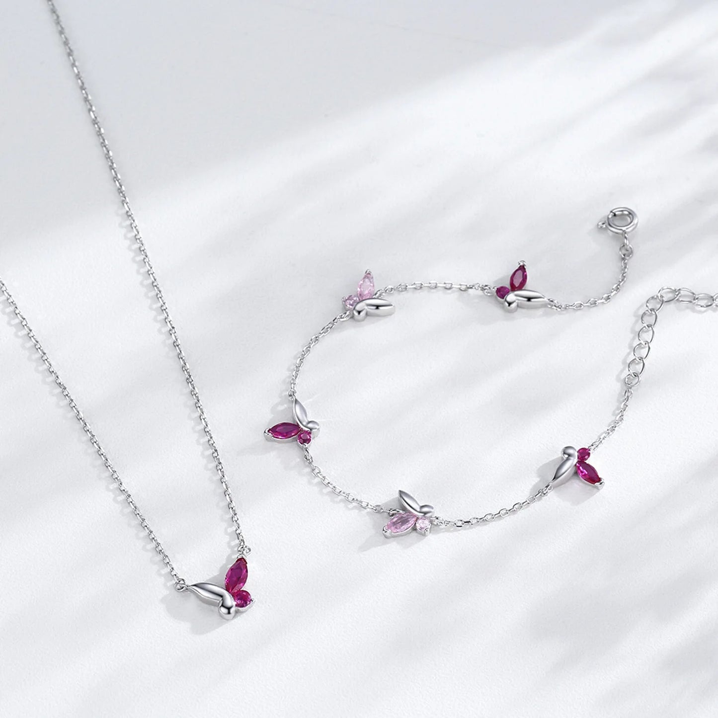 925 Sterling Silver Pink Sweet Romantic Butterfly Necklace Bracelet Set Niche Design Jewelry Gift Set