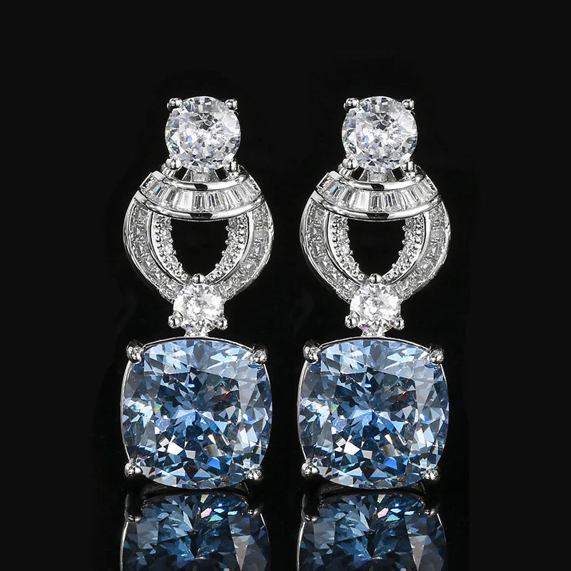 Fashion Eco-friendly Copper 12*12MM Blue Zircon Brass Square Pendant Earrings Ladies Necklace Jewelry Set for Refined