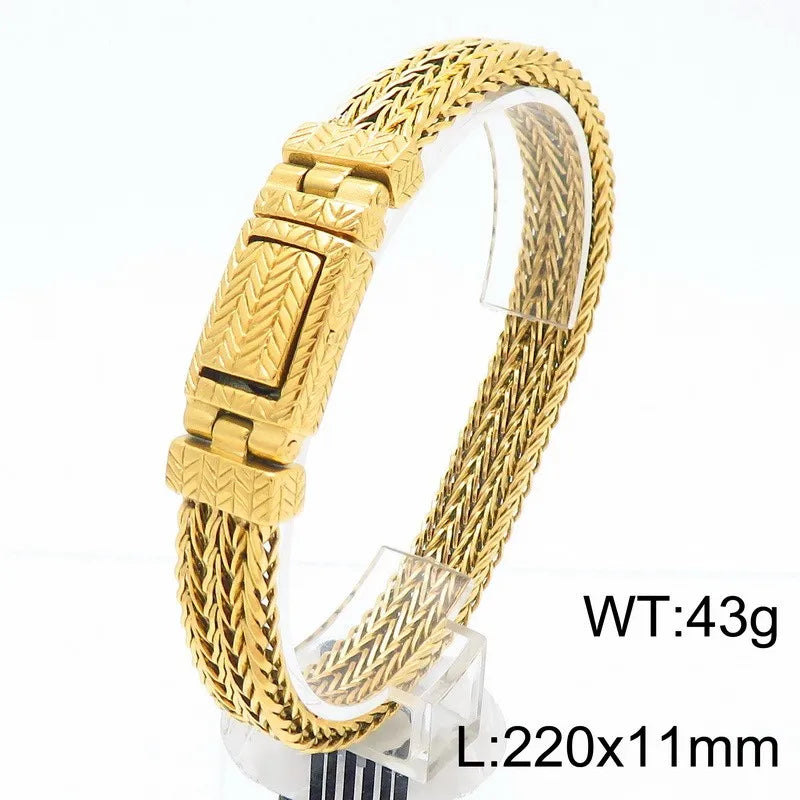KALEN Men Punk 215mm Stainless Steel Leaf Mark Herringbone Links Bracelet