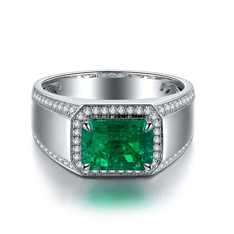 Gemfiori High Quality Affordable Price Handmade Men Rings Lab Created Emerald Ring 6ct Diamonds Gifts for Man Fathers Day