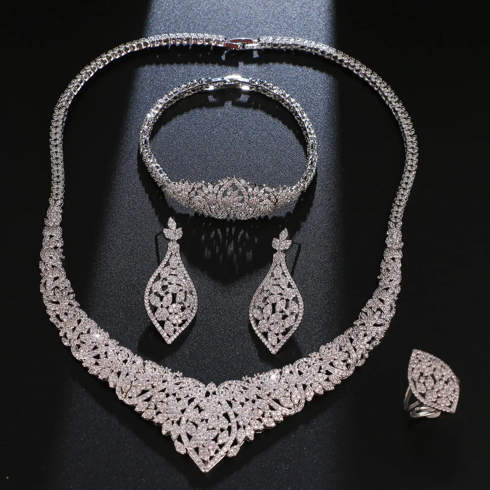 Luxury Sparkly Zirconia 4-Piece Indian & African Geometric Bridal Set — Gold & Rhodium Plated