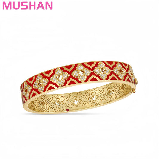 MUSHAN Jewelry Factory Luxury Designer 18K Gold Plated 925 Silver Bangles High Carbon Diamond Red Enamel Flowers Bangle Women