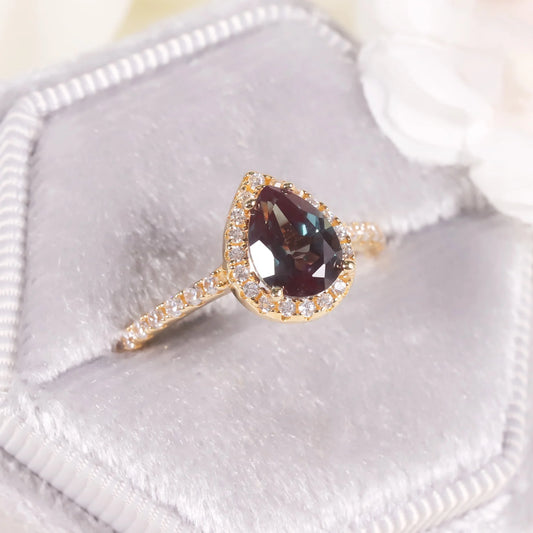 Gemfiori KH076 Abiding Factory 925 Silver Jewelry Pear Cut 6X8MM Alexandrite White Cz Halo Half Eternity Ring
