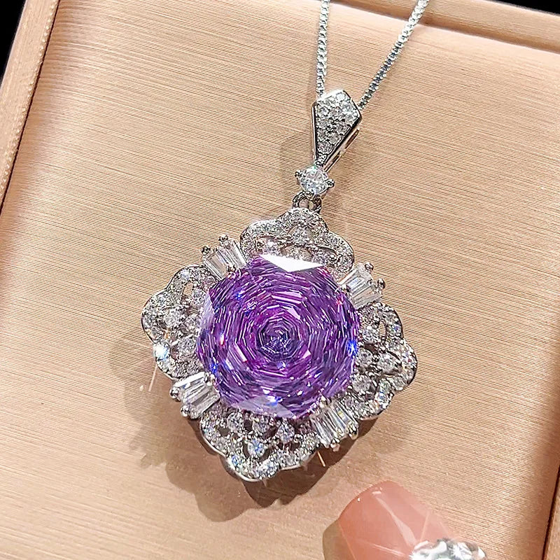 Gemfiori Fashionable Temperament Light Luxury Exquisite Violet Zircon Micro Inlaid Pendant Set Valentine's Day Gift