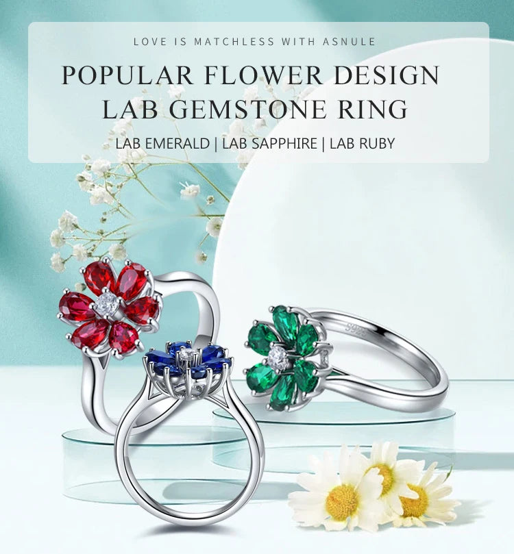 Gemfiori Best Quality 925 Silver Rings Emerald Ruby Sapphire Engagement Wedding Party Jewelry Pear Cut Rhodium Anniversary