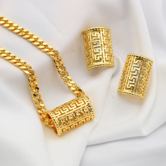 Vintage Elegant 18K Gold Plated Jewelry Set for Women Includes Necklace and Earrings for Wedding Party or Ramadan Holidays