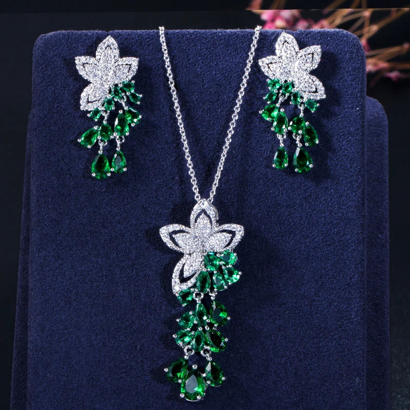 High Quality Geometric Flower Design Cubic Zirconia Crystal Women Rose Gold Color Tassel Earrings Necklace Pendant Jewelry Sets