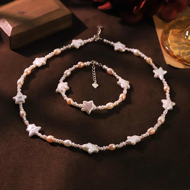 GLSEEVO Natural Purple Four Leaf Clover Baroque Pearl Jewelry Set for Women Daily Wear Pearl Necklace Bracelet Fashion Jewelry