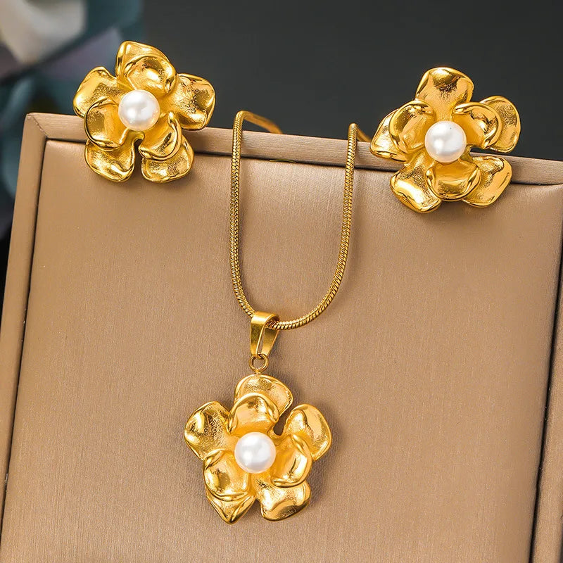 Gold Necklace & Earrings Jewellery Set | Square, Flower & Pearl Designs | Classic Fashion Set