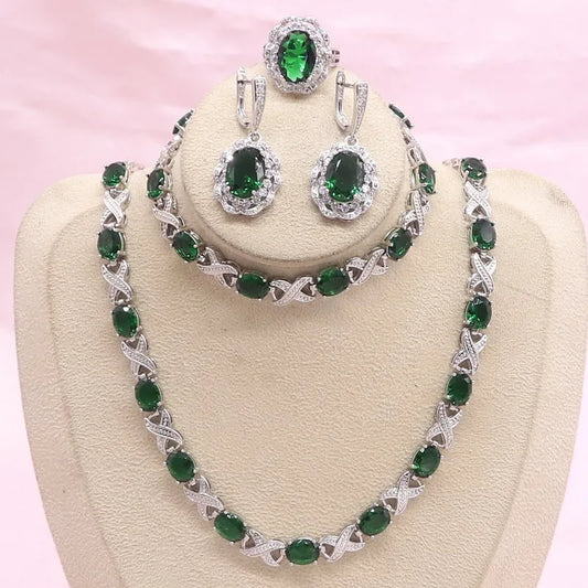 Luxury Custom Jewelry Sets for Women Silver Necklace Earrings Ring Bracelet with Green Semi-Precious Stones Wedding Gift
