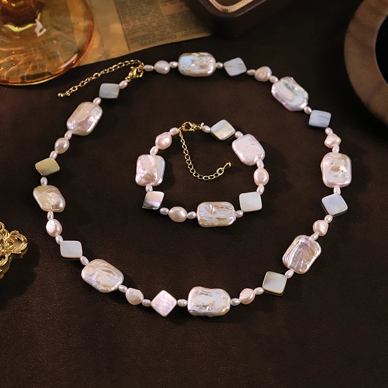 GLSEEVO  Natural Freshwater Pearl Flower Jewelry Set for Women Wedding Engagement Floral Pearl Necklace Bracelet Fashion Jewelry
