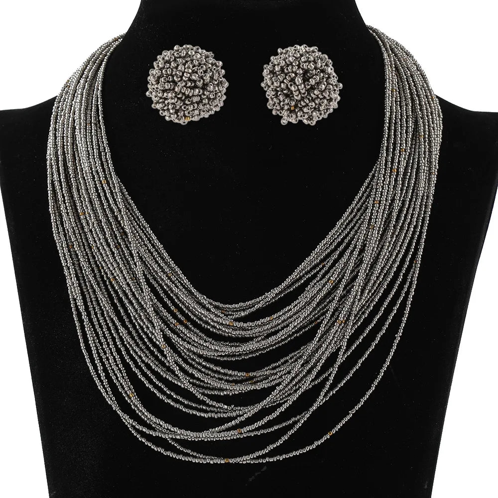 Bohemian Multi-Layer Rice Bead Necklace & Earrings Set | Retro Ethnic Style Glass Bead Jewellery | 9 Colours