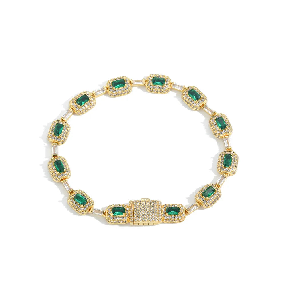 Luxury Bling CZ Tennis Necklace for Men and Women Geometric Link Chain with Classic Emerald Zircon Charm