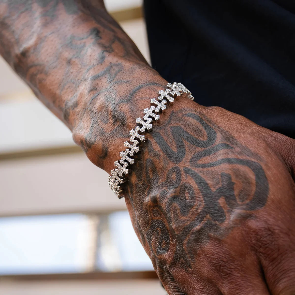 Iced Out Hip Hop Copper Full CZ Micro Paved Cross Chain Bracelet 11.5mm Cross Bracelet for Men Women Men Daily Wear