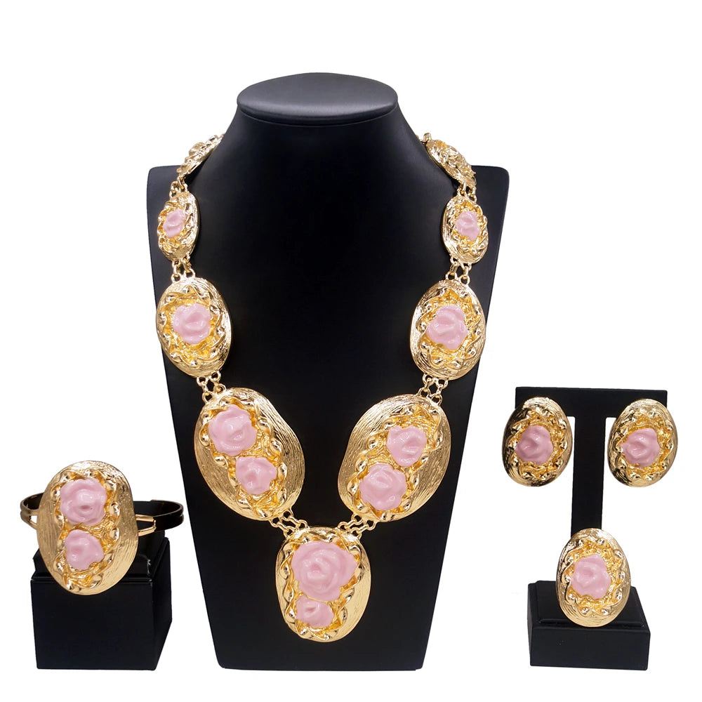 Zhuerrui Two Tone Italian Gold Jewelry Sets Necklace Bracelet Earrings Ring Bridal Western Heavy Wedding Fine Jewelry Set H00615