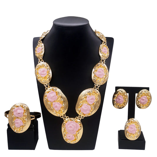 Zhuerrui Two Tone Italian Gold Jewelry Sets Necklace Bracelet Earrings Ring Bridal Western Heavy Wedding Fine Jewelry Set H00615