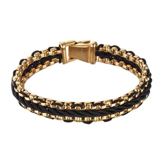 KALEN Fashion Gold Plating Stainless Steel Charm Bangle Leather Bracelet for Men KB76206-BD