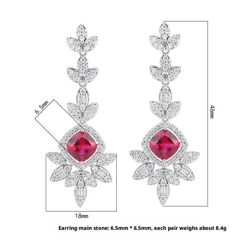 Factory Wholesale Eco-friendly Copper Round Cut 8*8mm Red Cubic Zirconia Tassel Earings and Neckless Set