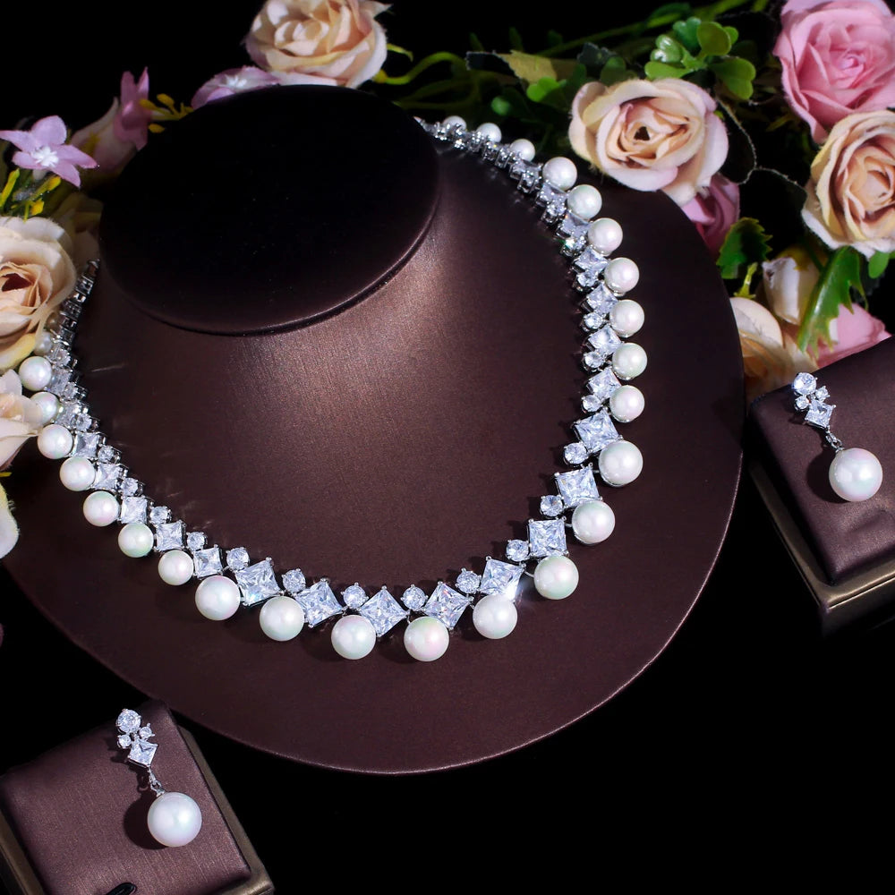 High Quality Cubic Zircon Statement Necklace and Earrings Bridal Imitation Big Pearl Jewelry Set for Women Wedding Accessories