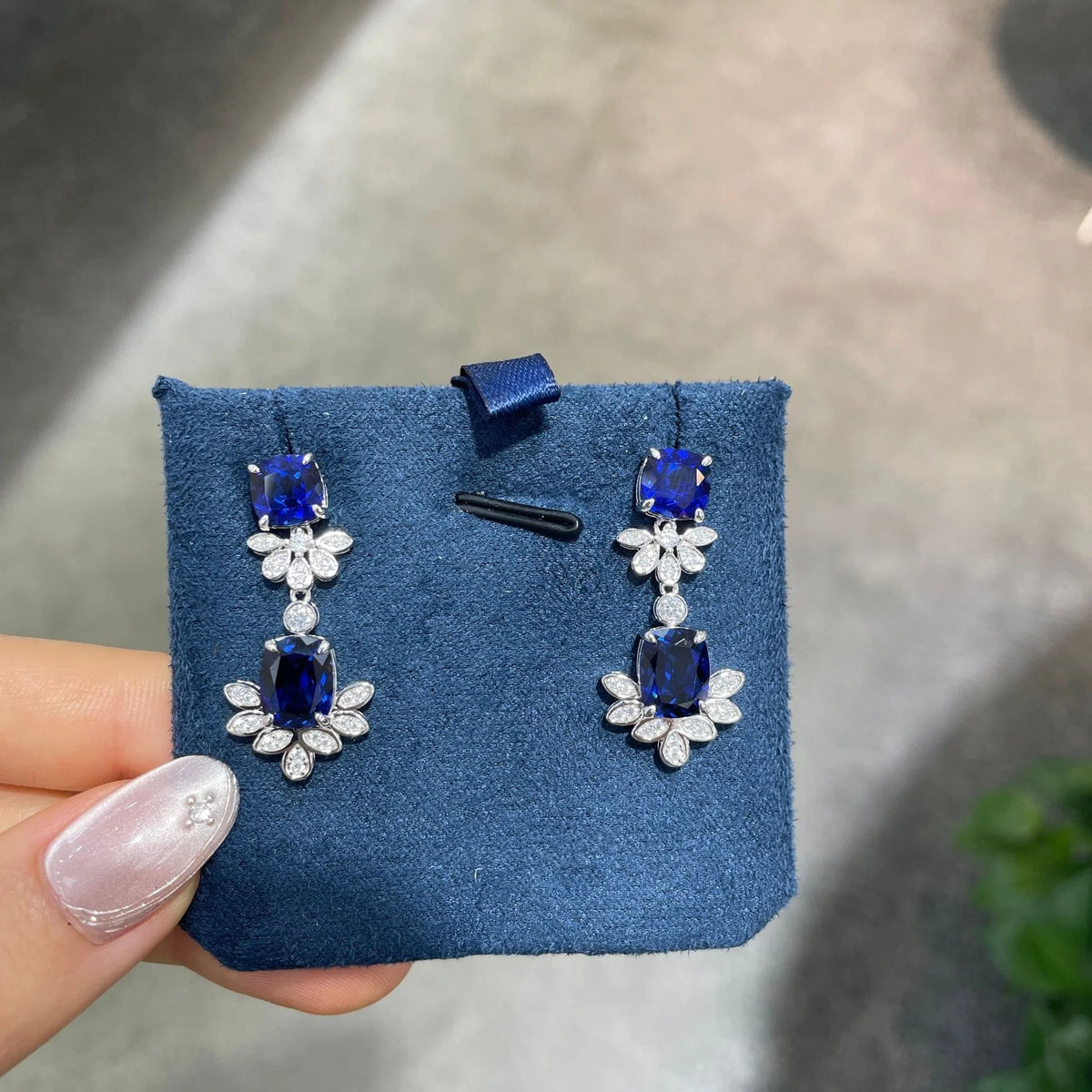 Fine Jewelry Set Elegant 5.5 Carat Cultured Sapphire Cushion-Shaped 925 Sterling Silver Premium Ring Earring Set