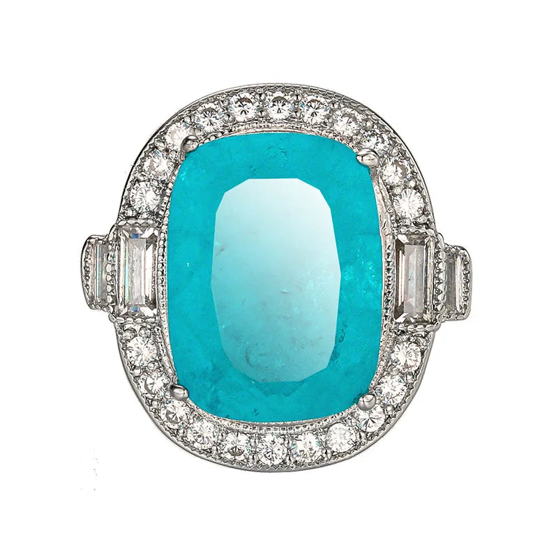 REDheart Women's Copper Inlaid Zircon Gold-Plated Flower Open Ring Simulation Paraiba Blue Fashion Necklace Pendant Set