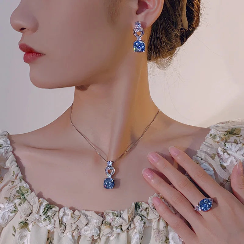 Fashion Eco-friendly Copper 12*12MM Blue Zircon Brass Square Pendant Earrings Ladies Necklace Jewelry Set for Refined
