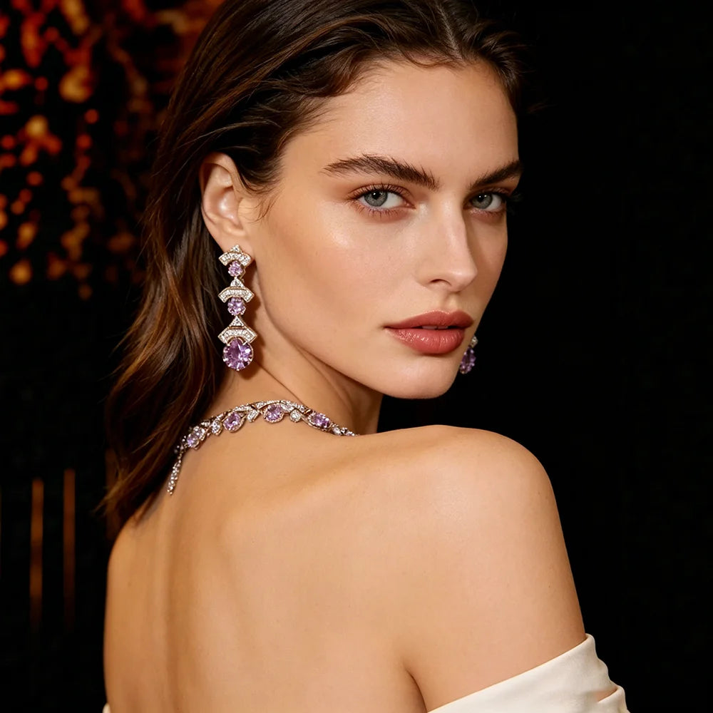 Luxury Cushion-Cut Purple Zirconia Floral Statement Necklace & Drop Earrings Bridal Set — Silver Plated