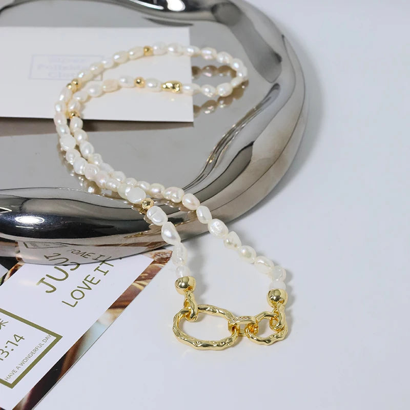 Natural Freshwater Pearl Gold Ring Buckle Necklace Korean Women's Luxury Jewelry Fashion Women's and Girls' Gifts GN0649