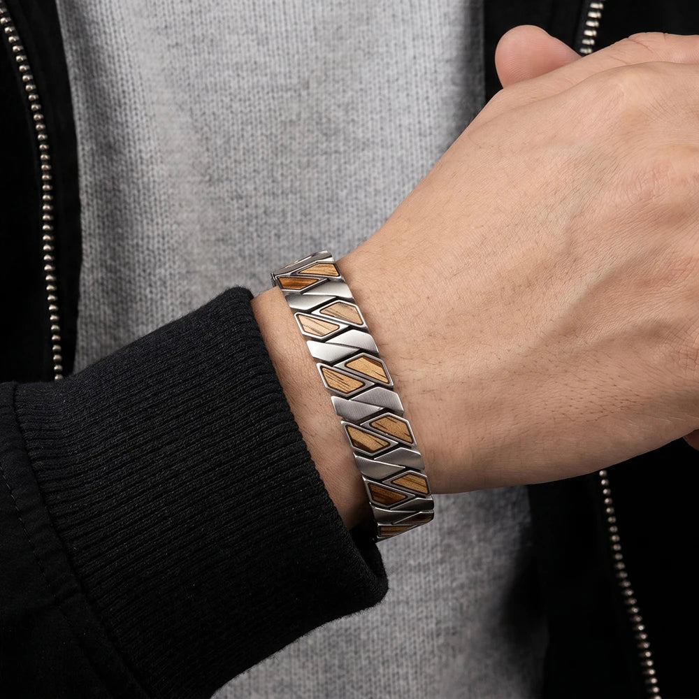 REBEL Gold Plated Punk Style Wooden Bracelet Support Custom Logo Waterproof Hybrid for Men's Anniversary Gift