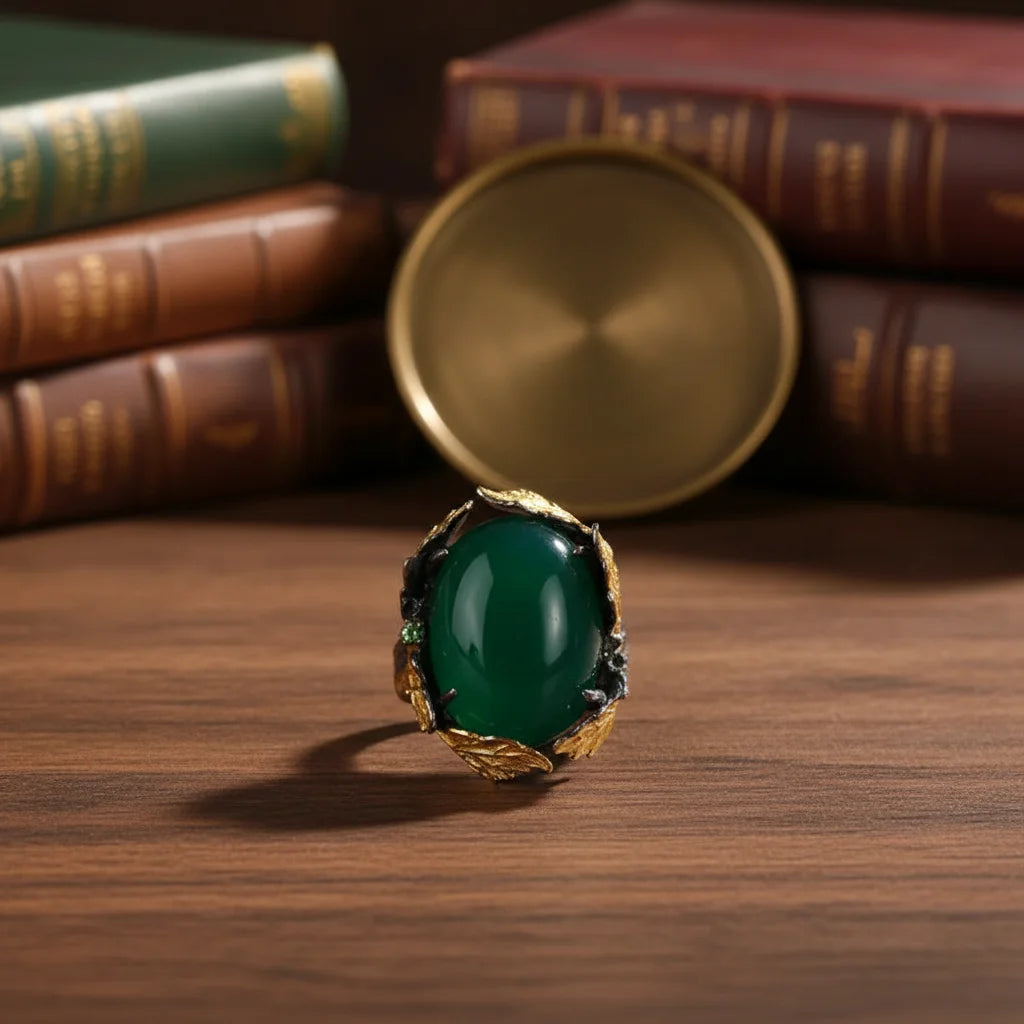 Big Natural Green Agate 925 Silver Leaf Ring for Gift