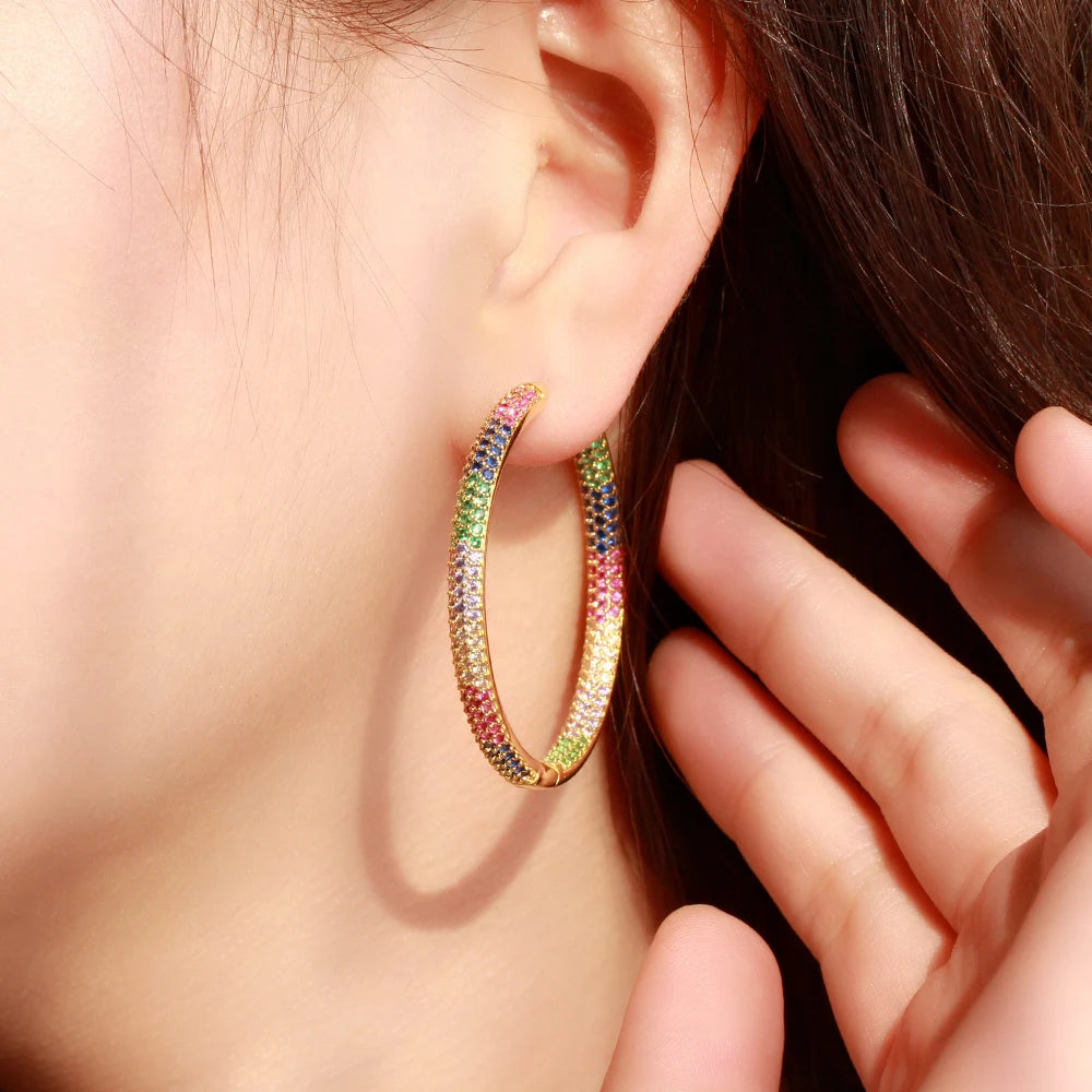 S&S Two-Tone Rainbow CZ Big Round Hoop Earrings – Black Gun & Gold Plated – Collection